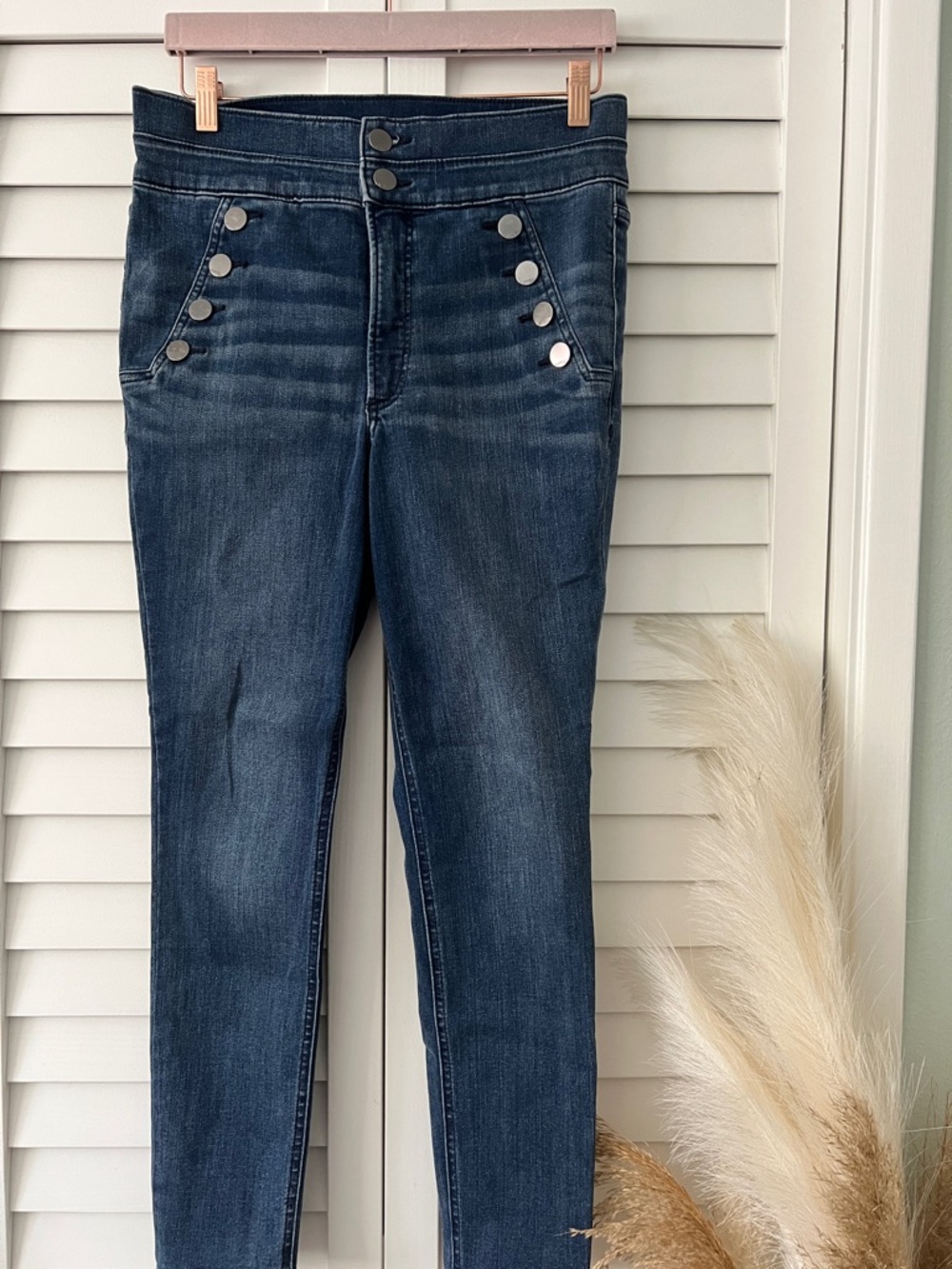 Express Dark Blue High-Rise Jeggings with Button Pocket Detail